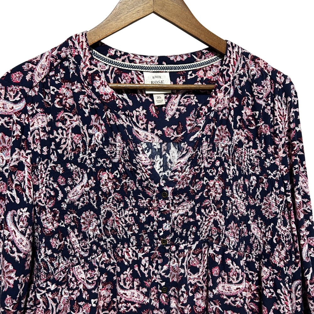 Knox Rose Women Babydoll Peasant Top XL Navy Pink Paisley Smocked Button Front - Picture 3 of 9